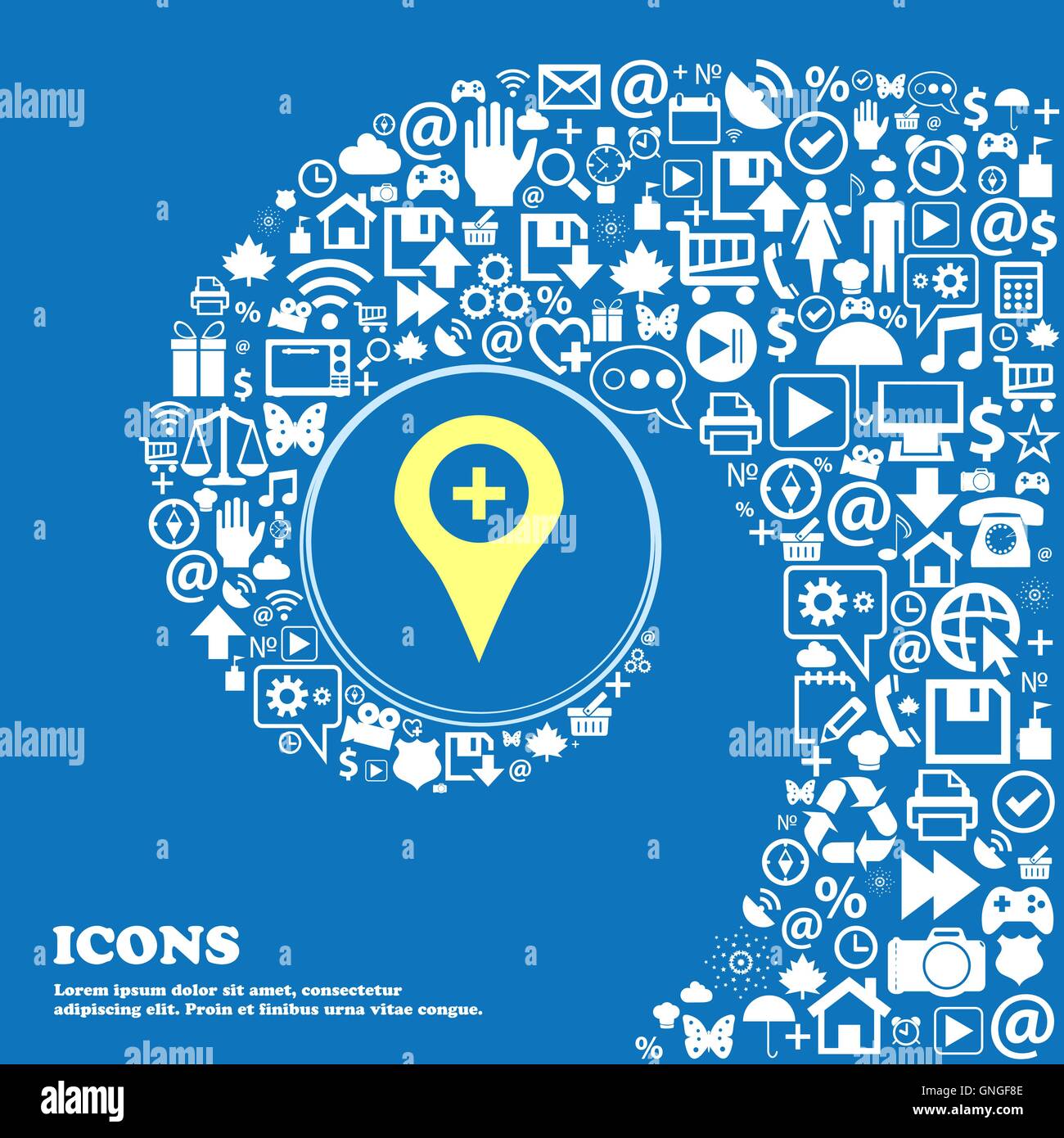 Plus Map pointer, GPS location sign symbol. Nice set of beautiful icons twisted spiral into the center of one large icon. Vector Stock Vector