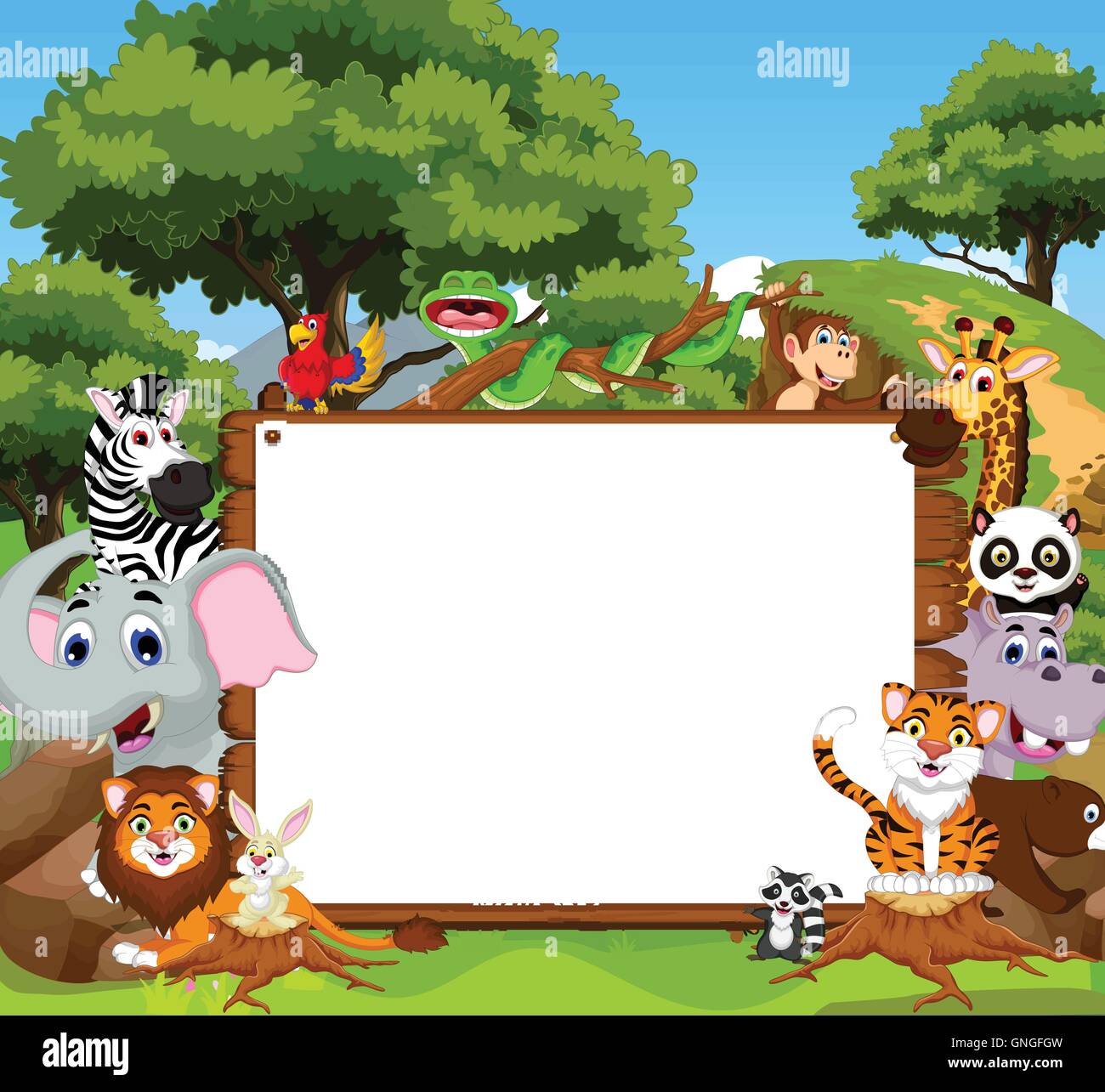 funny animal cartoon with blank sign and forest background Stock Vector