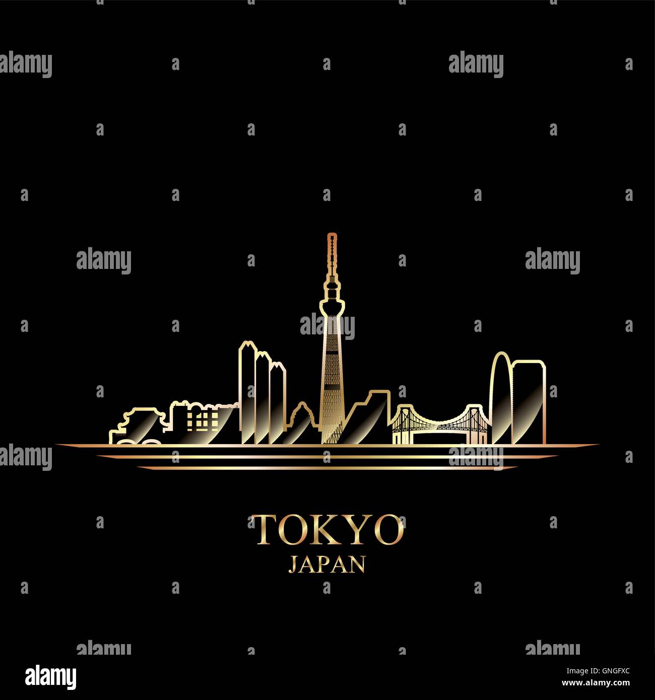 Gold silhouette of Tokyo on black background Stock Vector