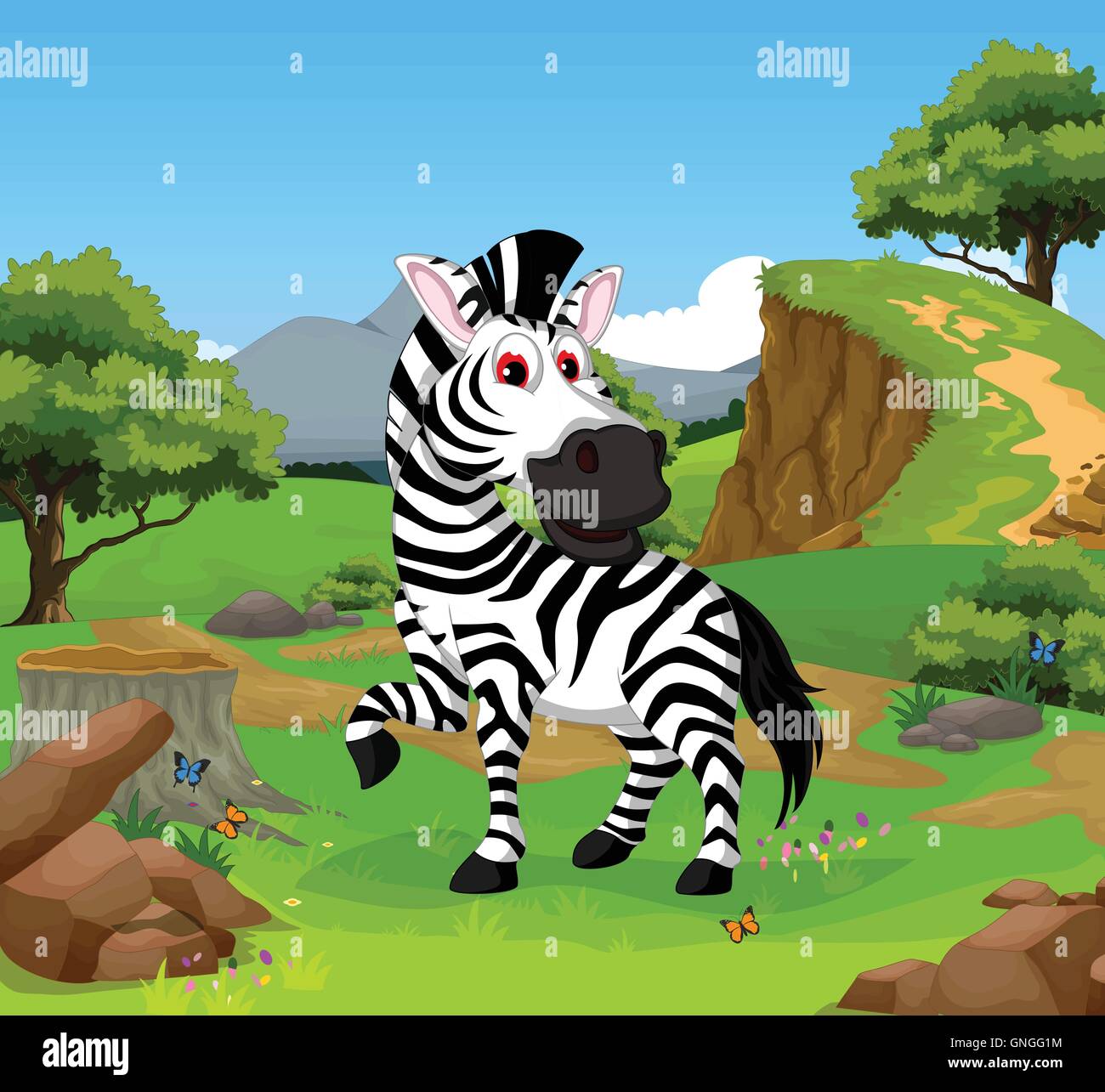 funny zebra cartoon in the jungle with landscape background Stock