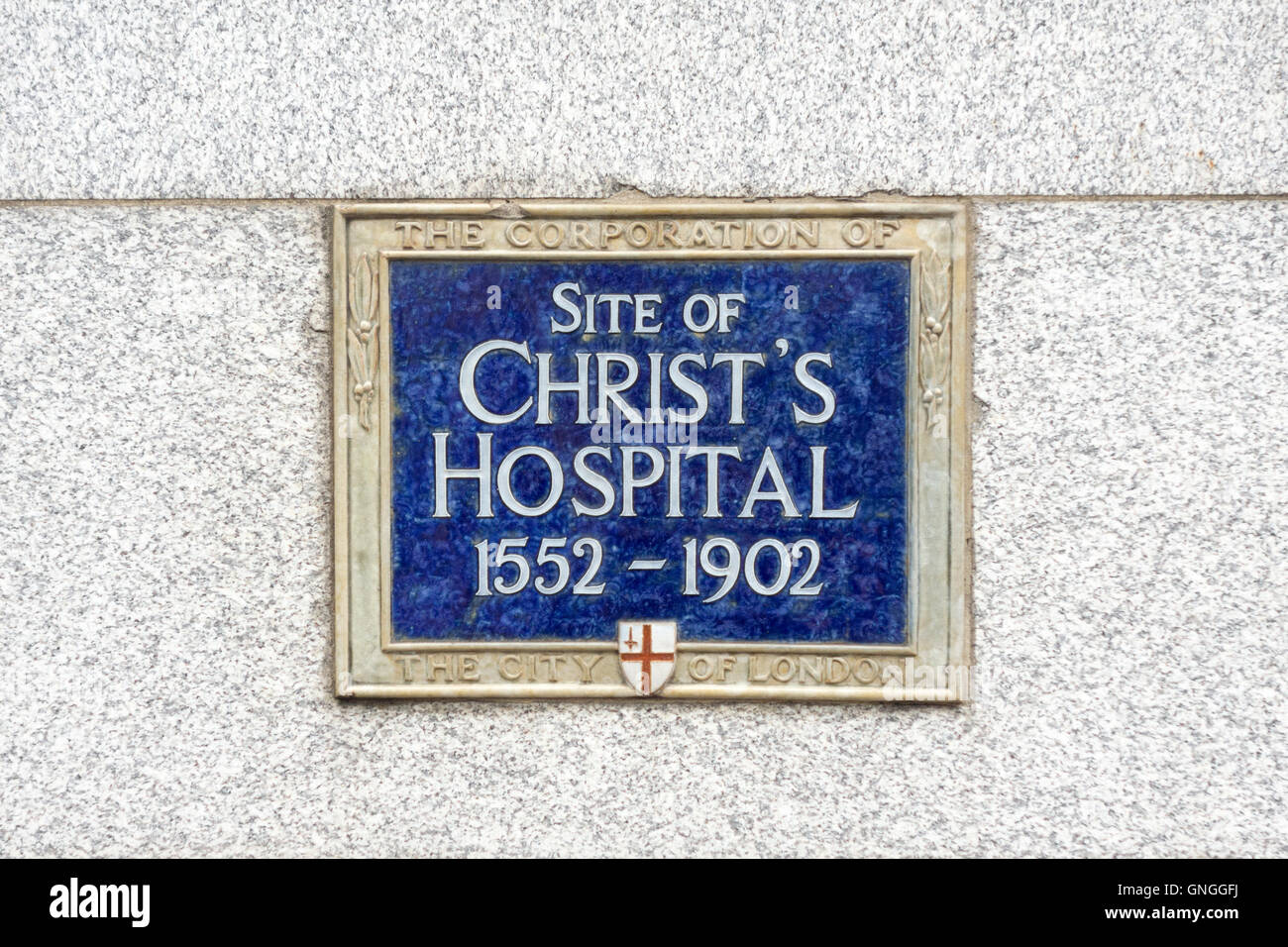 Blue plaque showing the Site of Christ's Hospital 1552-1902. City of London, UK Stock Photo