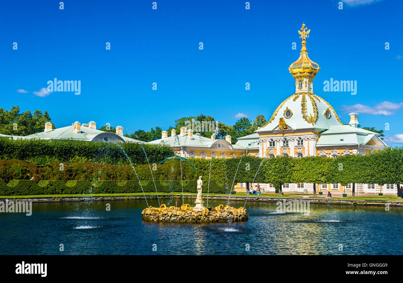 Western Square Pond With Fountain in Peterhof - Russia Stock Photo