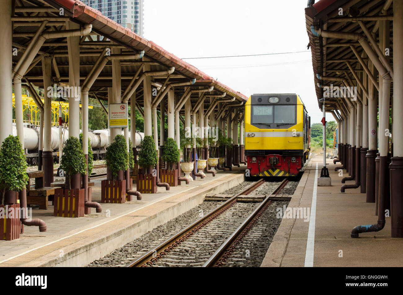 Trains were running into the station in the northeast of Thailand. Stock Photo