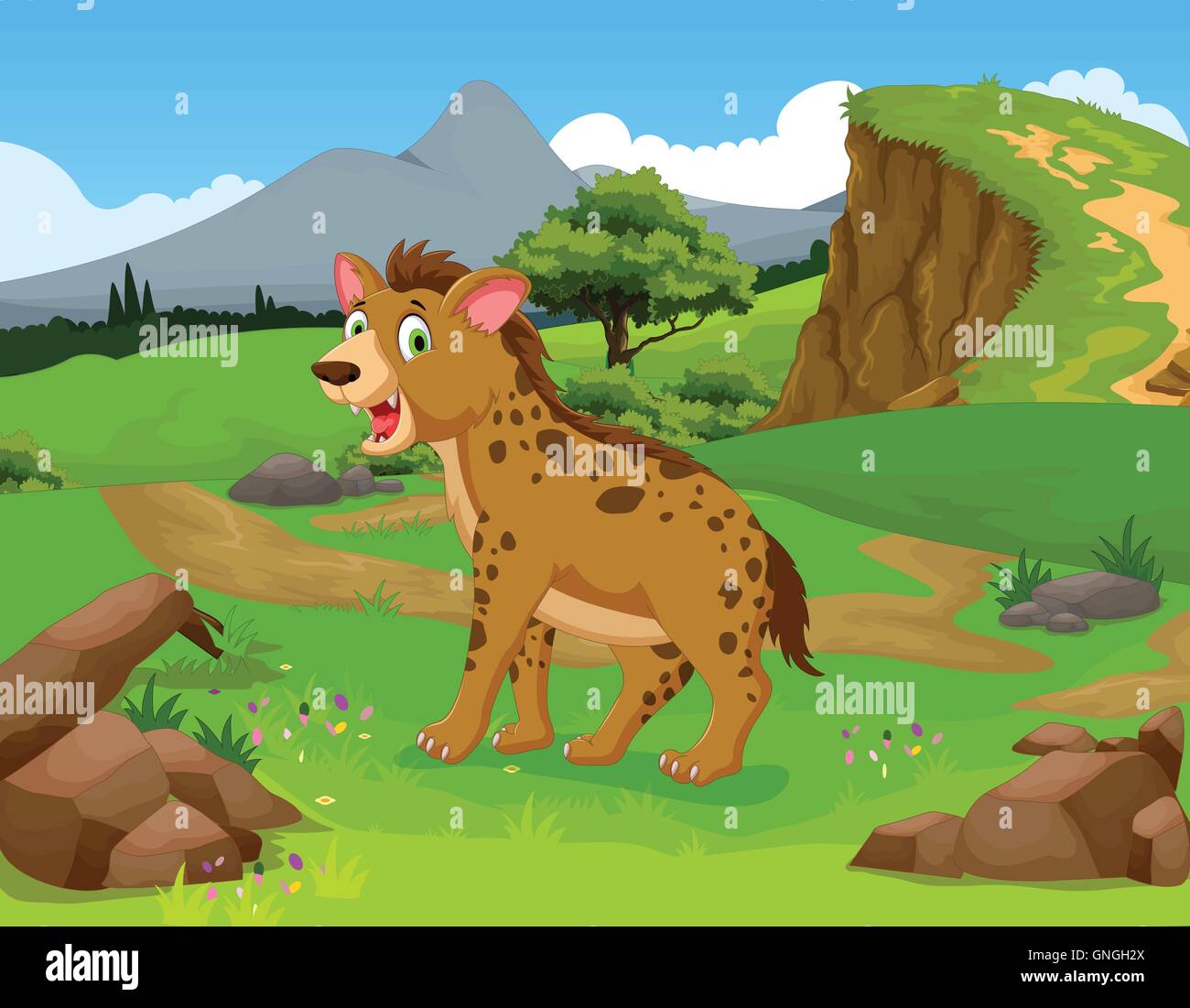 funny hyena cartoon in the jungle with landscape background Stock Vector