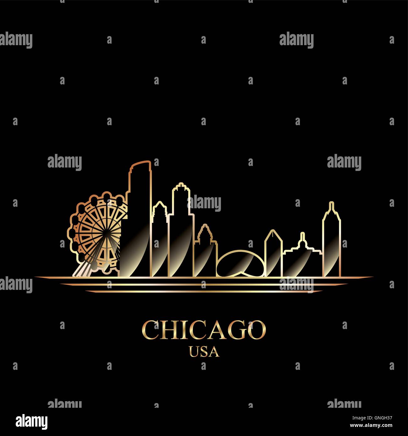 Gold silhouette of Chicago on black background Stock Vector