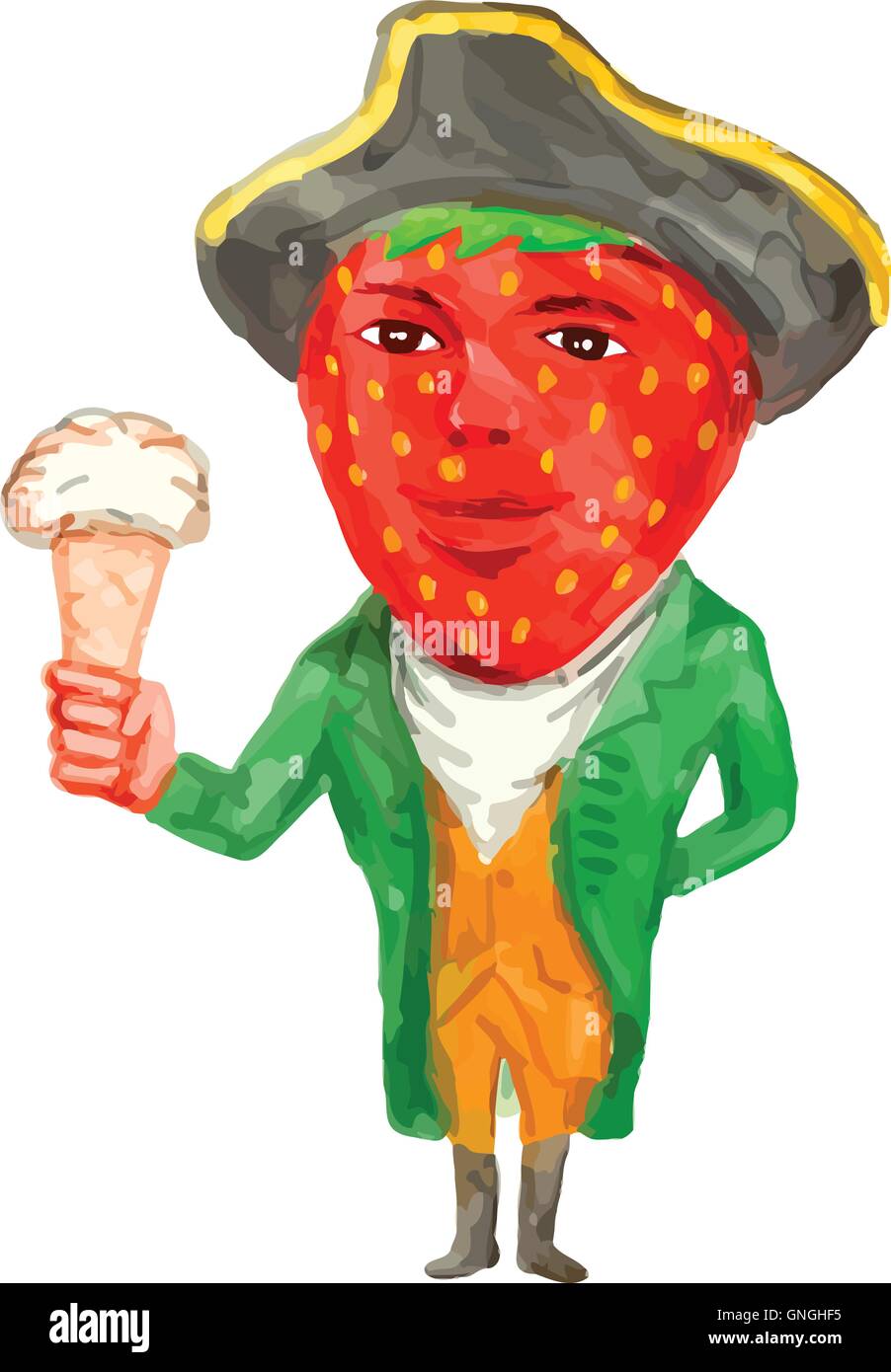 Strawberry Tricorn Hat Ice Cream Victorian Gentleman Watercolor Stock Vector