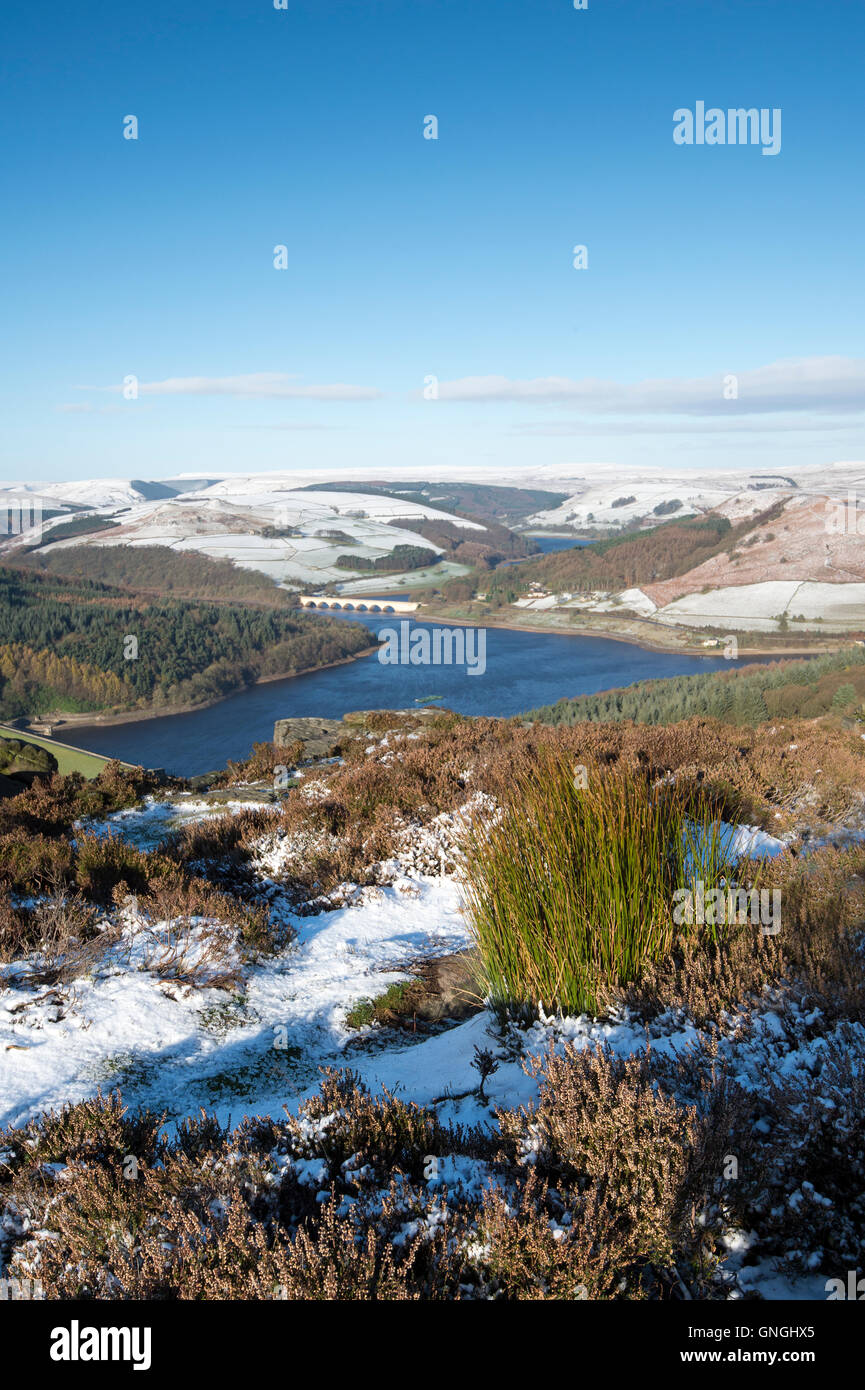 Winter at Bamford Edge looking towards Ladybower reservoir, Derbyshire Stock Photo