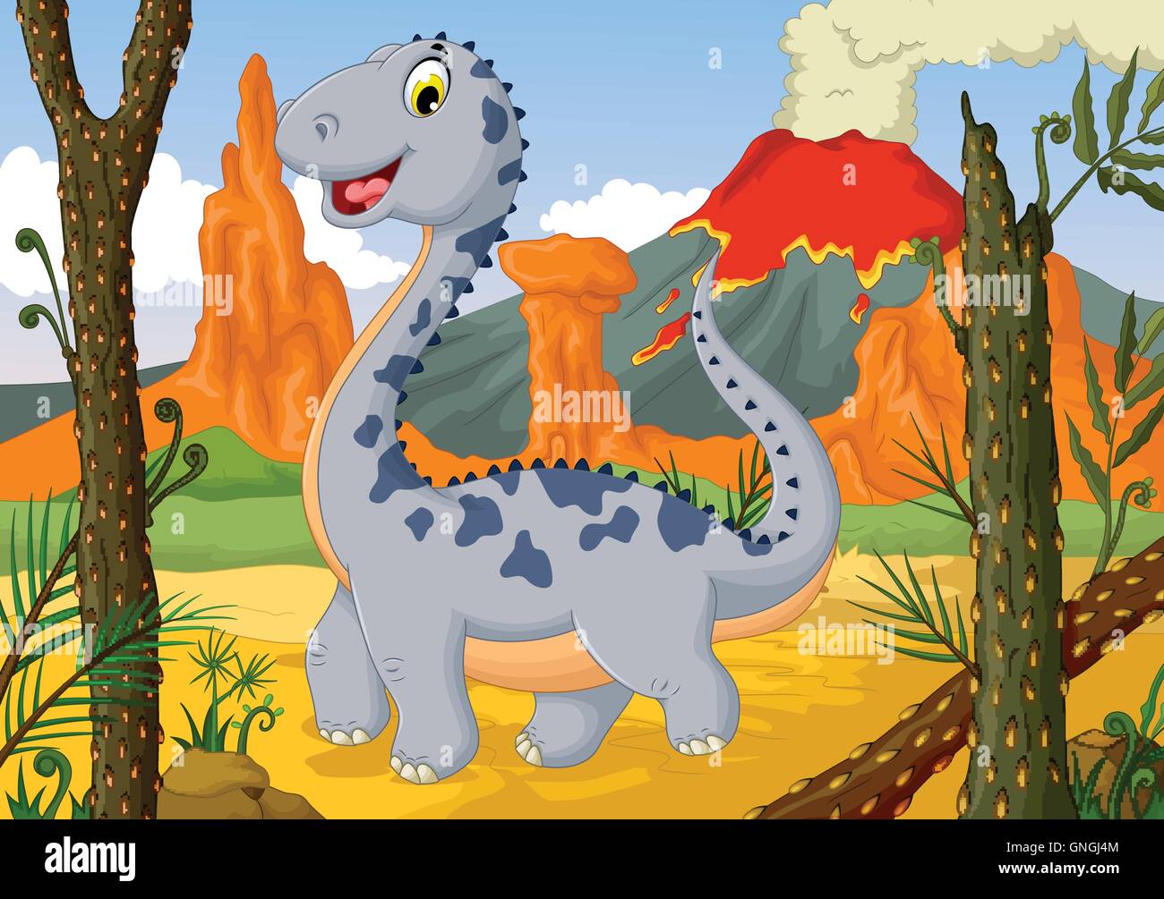 cute dinosaur cartoon  with volcano landscape background Stock Vector
