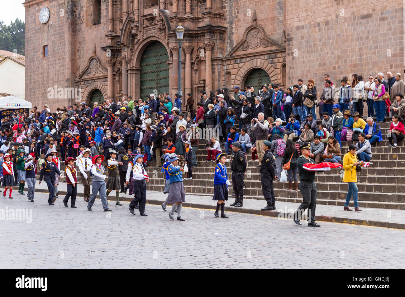 Cusco, Peru - May 12 : School children in uniform in a civic parade celebrating National Independence, parade known as the swear Stock Photo