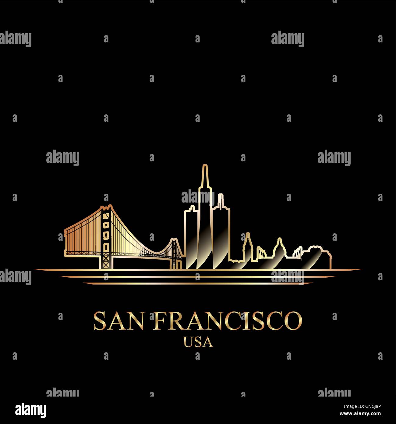 Gold silhouette of San Francisco on black background Stock Vector