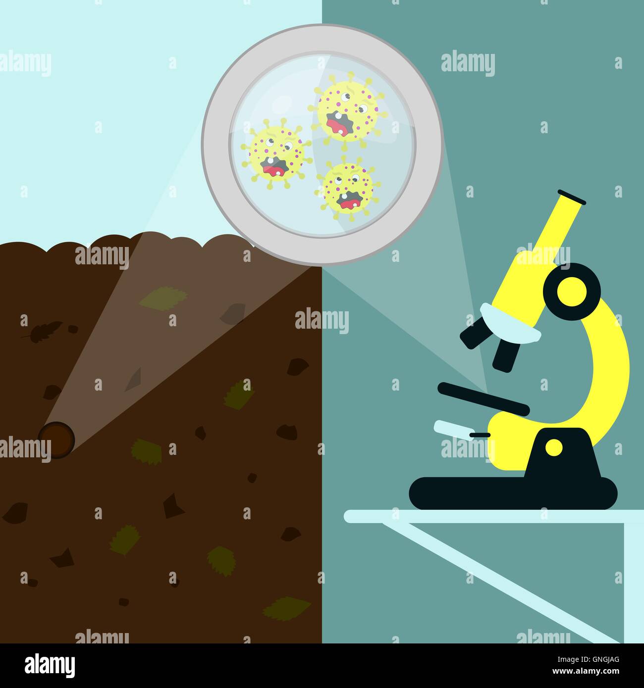 Magnifying glass enlarging cartoon of virus on the earth with decomposed leaves. Soil sample with microorganisms being analyzed Stock Vector