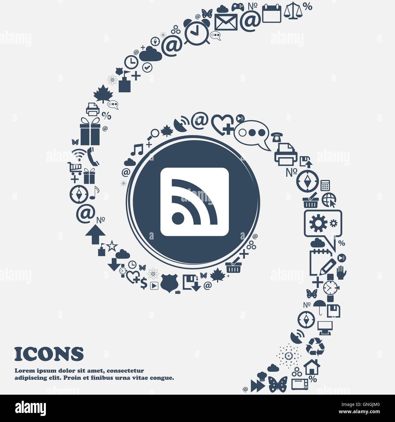 RSS feed icon sign in the center. Around the many beautiful symbols twisted in a spiral. You can use each separately for your de Stock Vector
