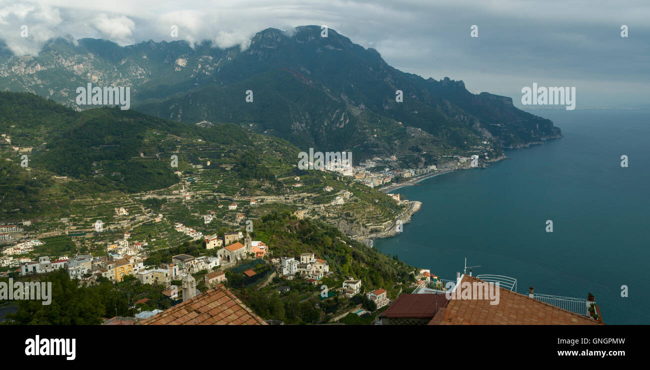 Elevated view of a town at coast, Ravello, Amalfi Coast, Salerno ...