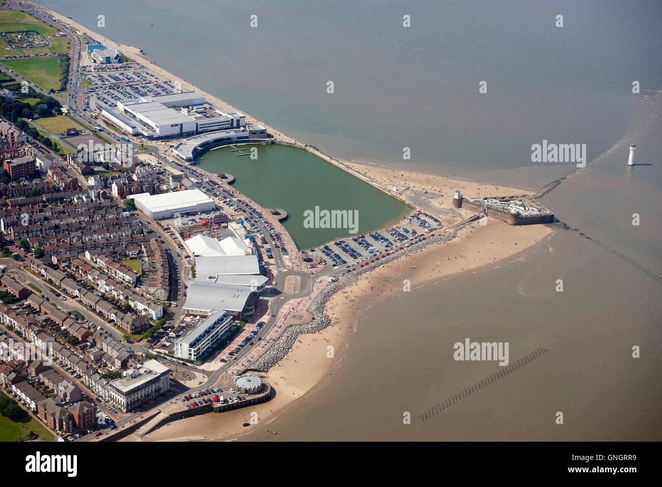 An aerial view of a packed New Brighton, summer 2016, Merseyside, North West England, UK Stock Photo