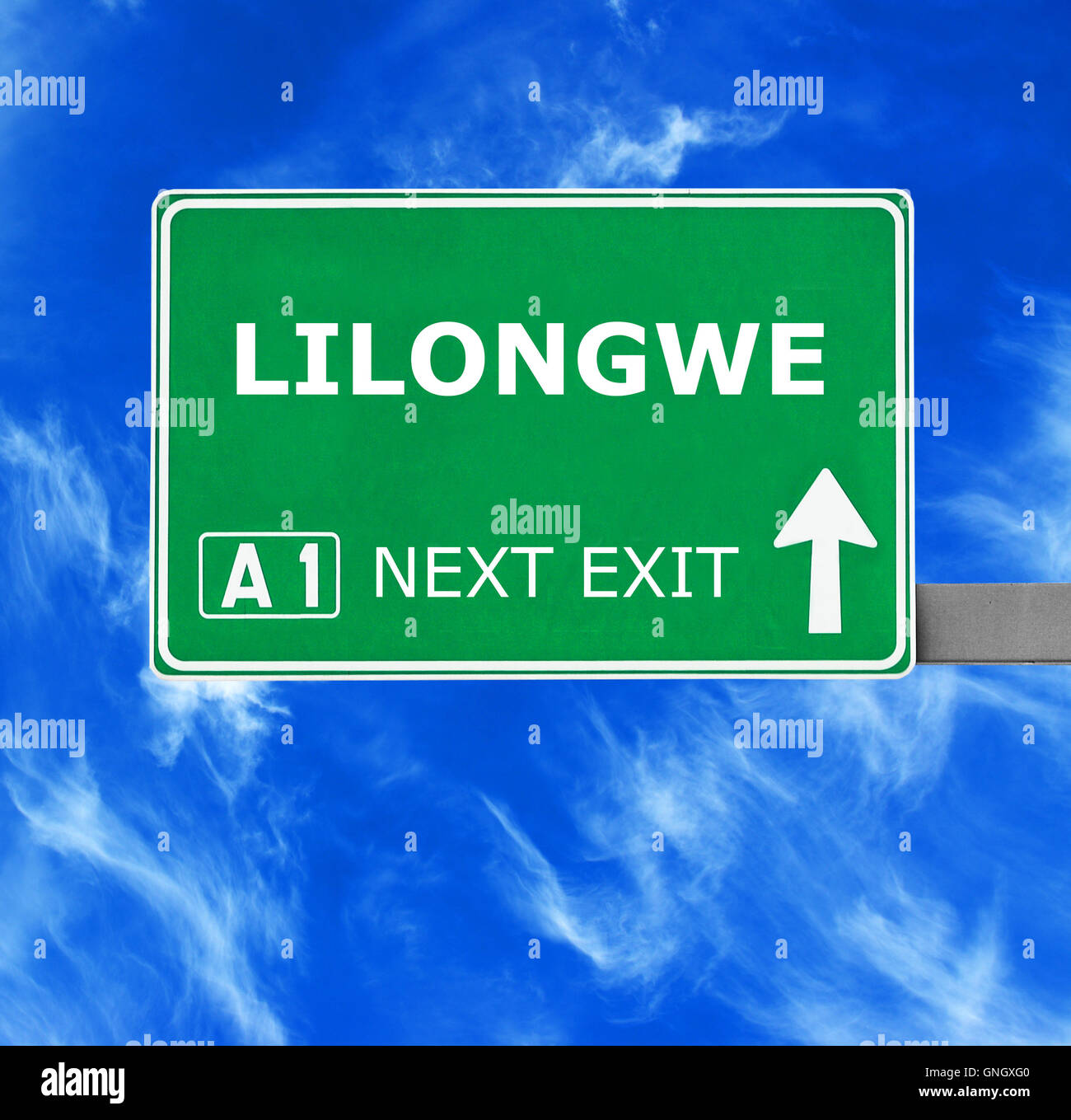 LILONGWE road sign against clear blue sky Stock Photo
