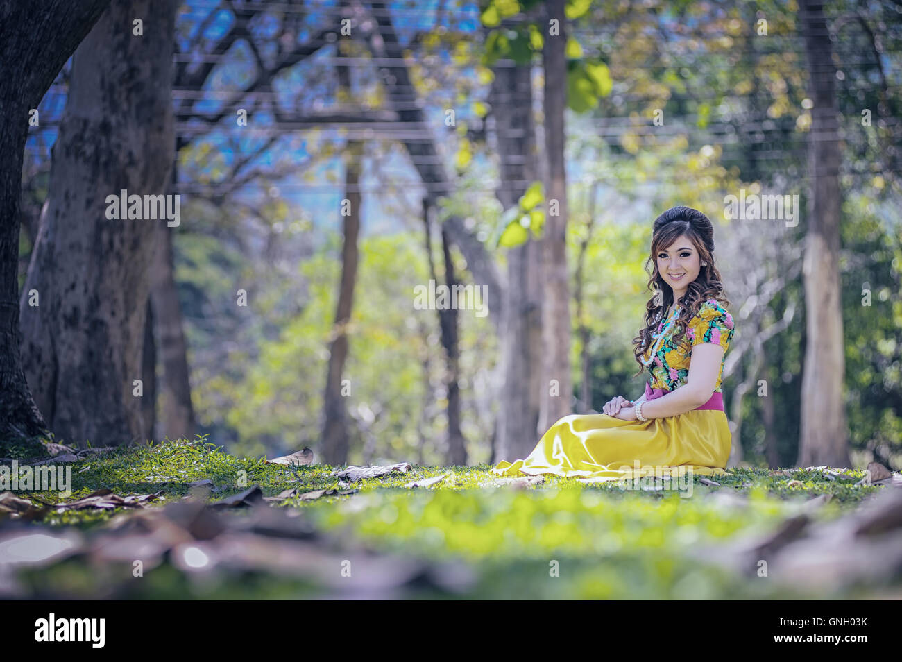 asia beautiful girl in the yellow dress on nature Stock Photo - Alamy