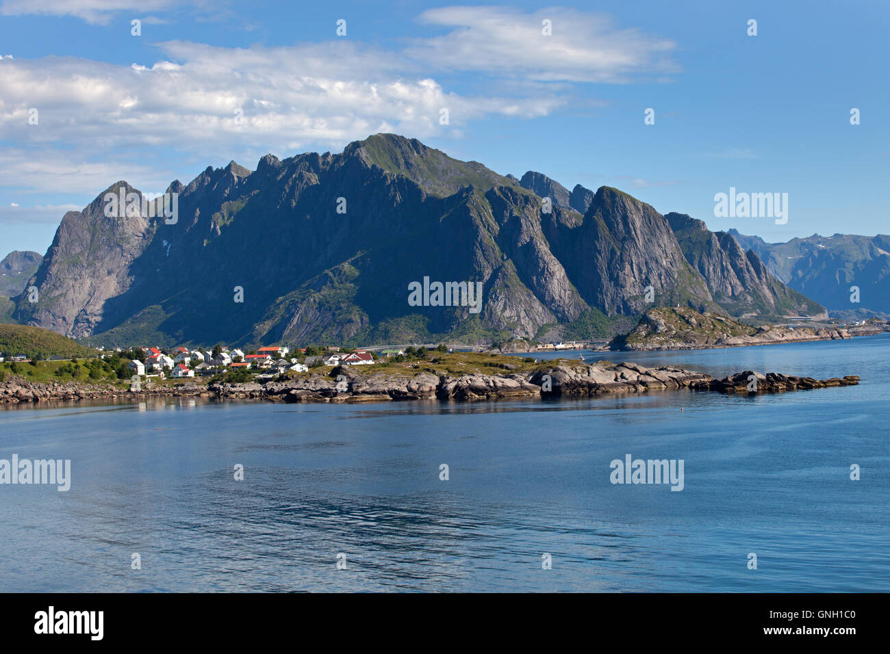 Sakrisøy: Seaview with Mountains Stock Photo