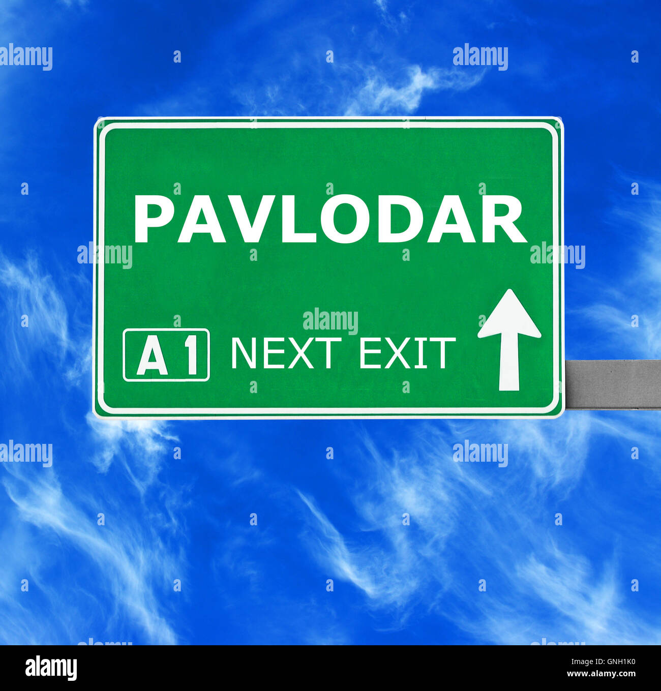 PAVLODAR road sign against clear blue sky Stock Photo