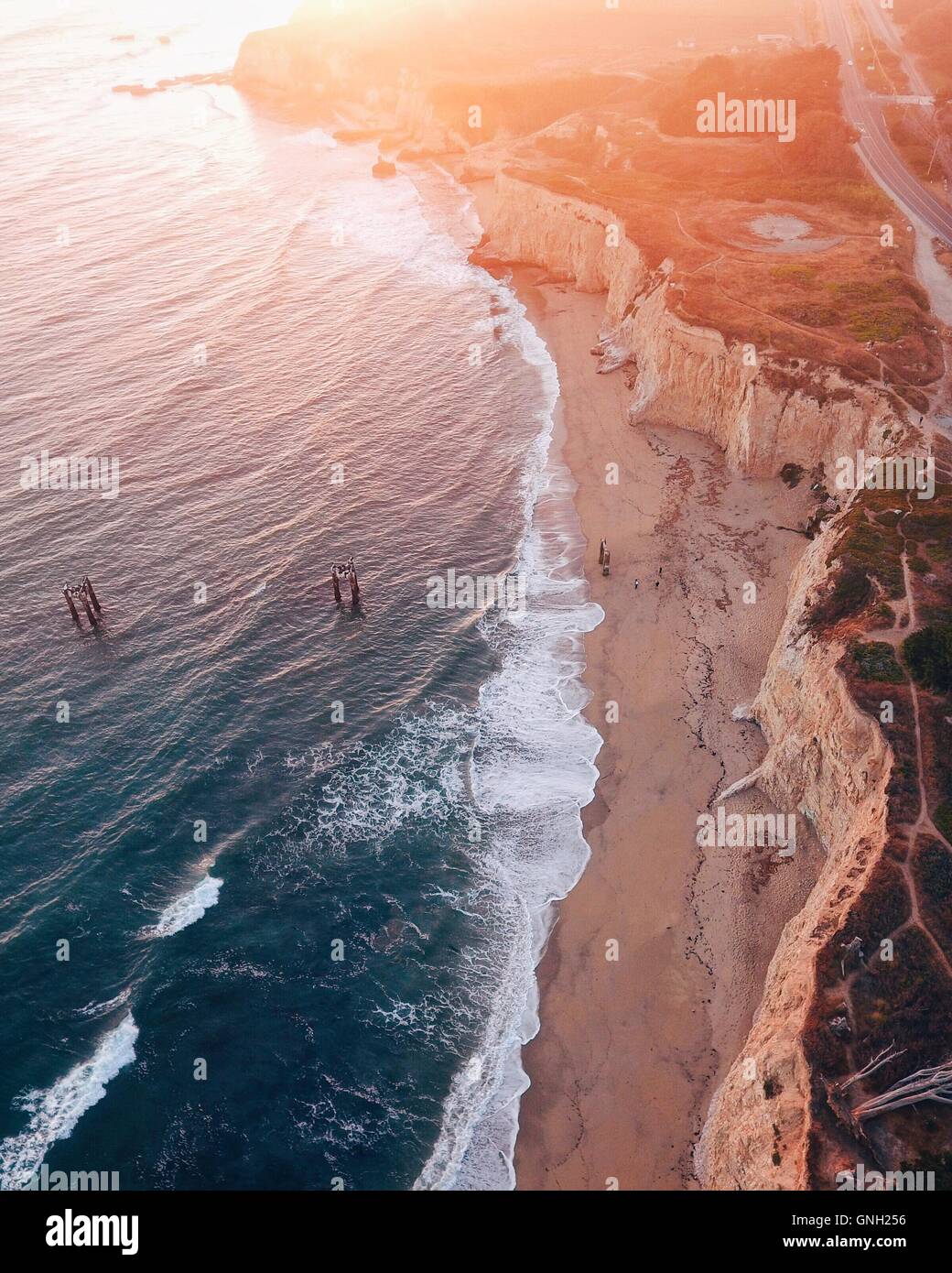 Aerial view of ocean and coastline, Davenport, California, America, USA Stock Photo
