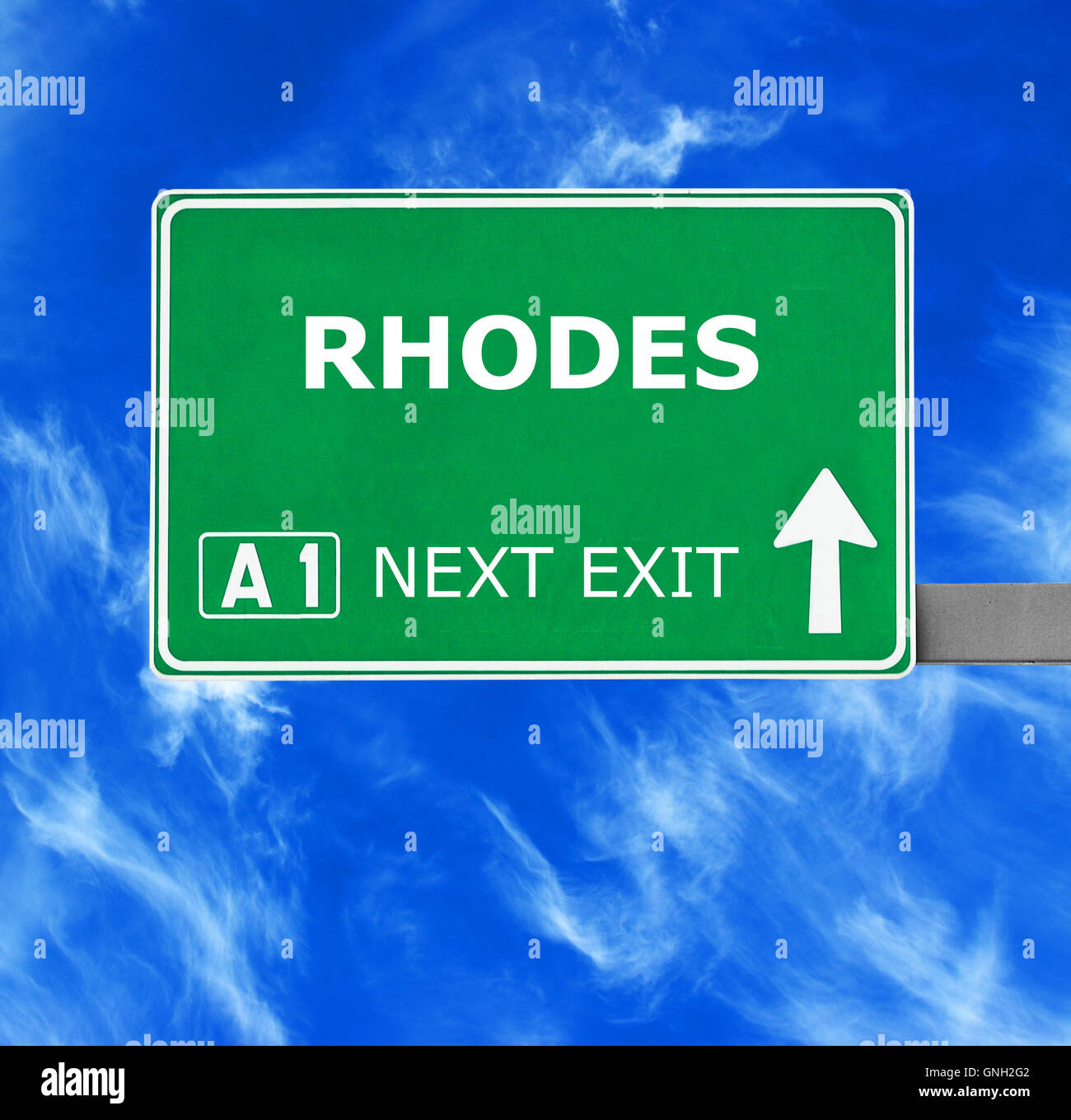 RHODES road sign against clear blue sky Stock Photo Alamy