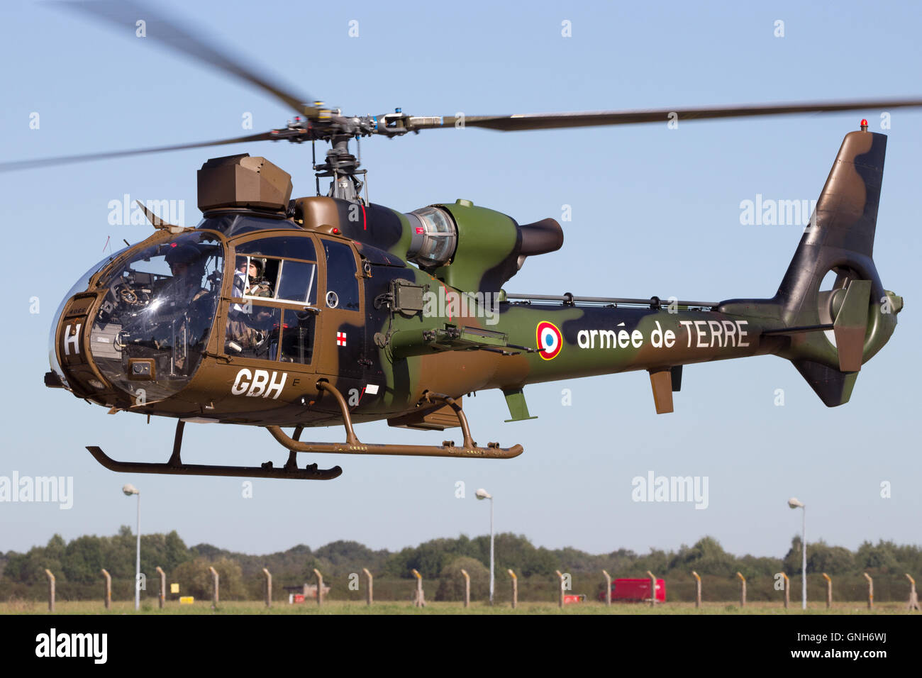 French Army Gazelle helicopter flying Stock Photo Alamy
