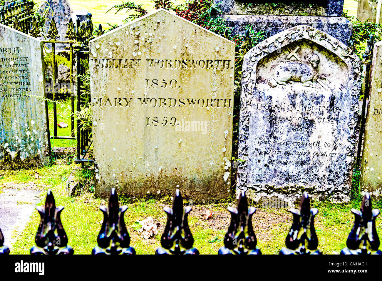 Graves of the Wordsworth Family, St Oswald's Churchyard, Grasmere, Cumbria, England; Gräber der Familie Wordsworth Stock Photo