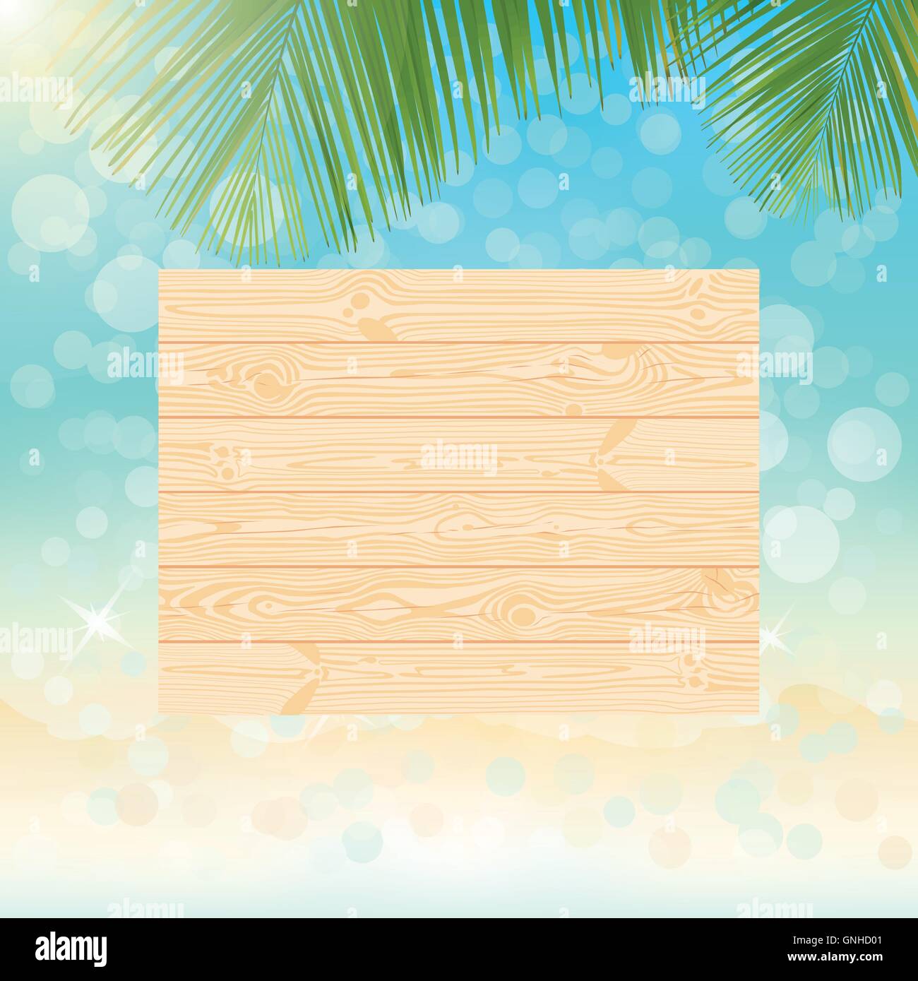 Natural wooden singboard on the blurred sparkling sea water summer background with bokeh vector illustration Stock Vector
