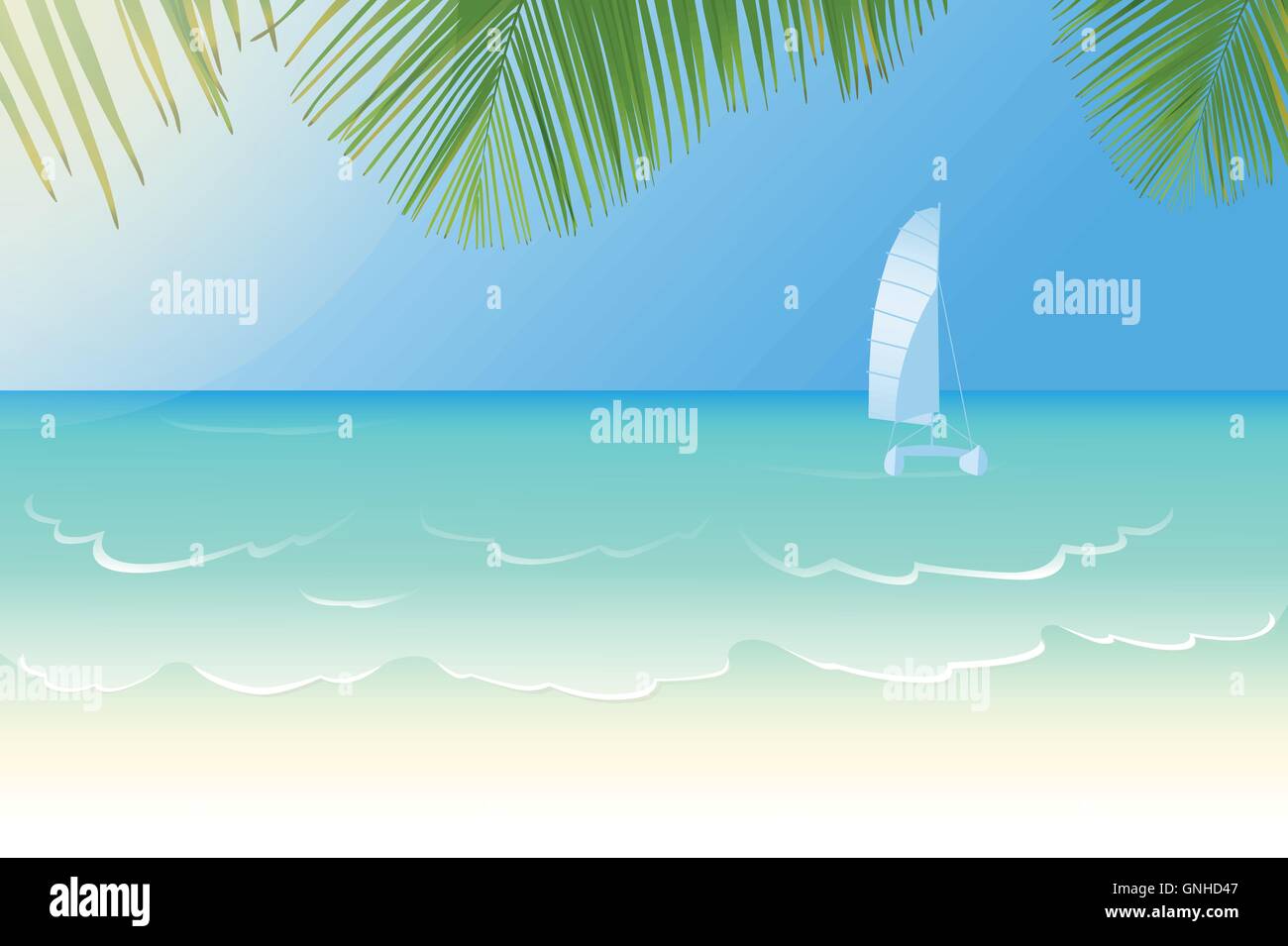 Idyllic white sandy beach lapped by the waves of crystal clear blue sea, catamaran and palm tree leaves vector illustration Stock Vector