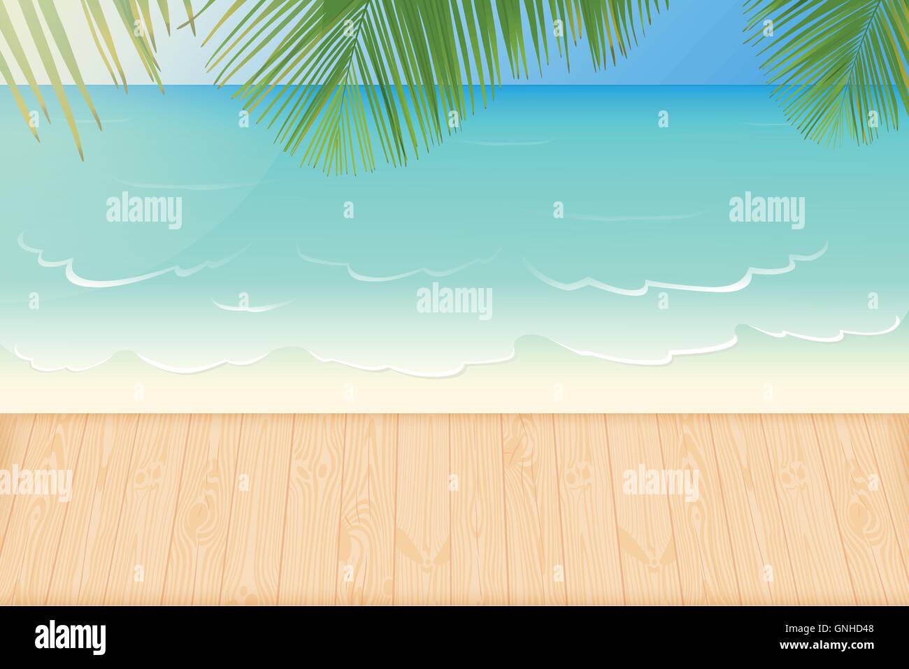 Paradise white sandy beach lapped by the waves of crystal clear blue sea, natural wooden decking and palm tree leaves vector ill Stock Vector