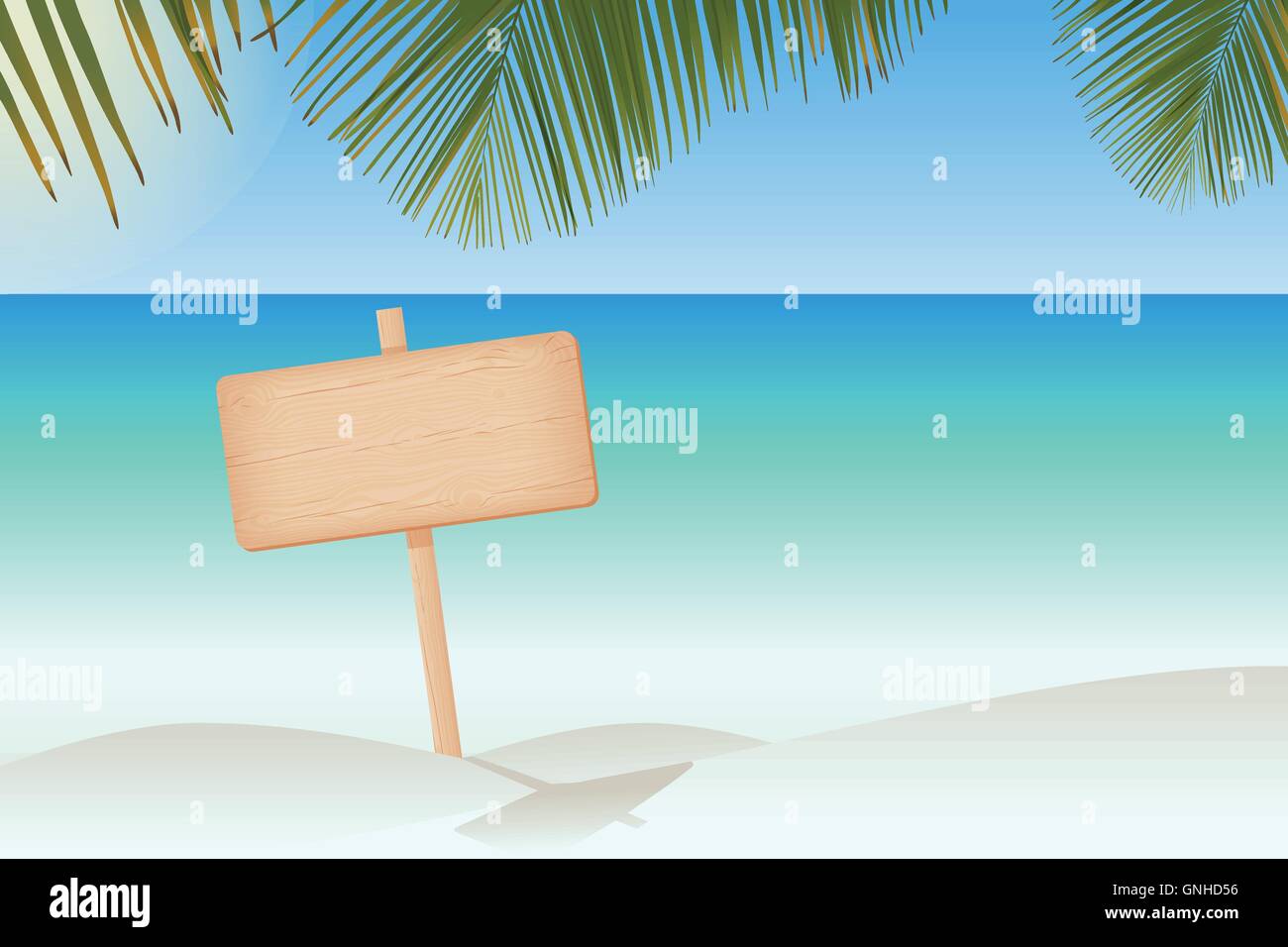Natural textured wooden rectangular signboard on a pole at the paradise beach vector illustration Stock Vector