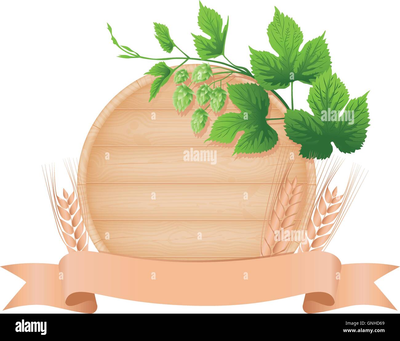 Wooden beer oak barrel bottom, hop branch, barley ears and ribbon vector illustration Stock Vector
