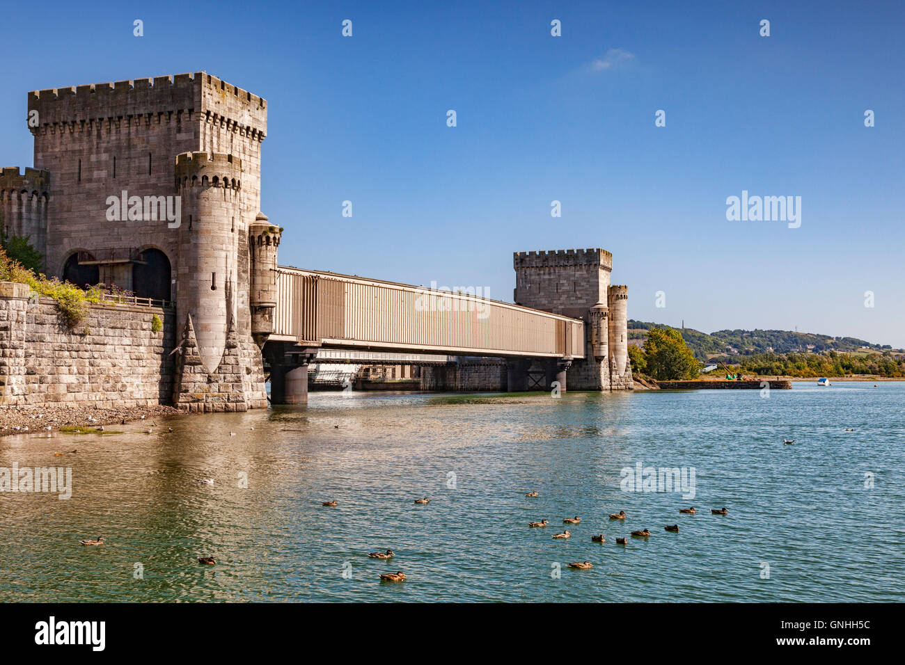 The railway bridge at Conwy, designed by William Fairbairn and built by Robert Stephenson, a tubular bridge in Conwy, Wales, UK Stock Photo