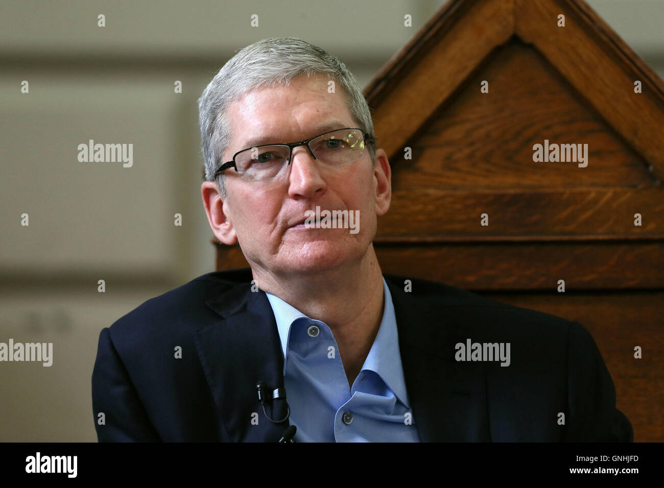 File photo dated 11/11/15 of Apple chief executive Tim Cook, as Apple executives have accused Competition Commissioner Margrethe Vestager, one of Europe's most powerful watchdogs, of getting her sums wrong in calculating the jaw-dropping bill for unpaid tax. Stock Photo