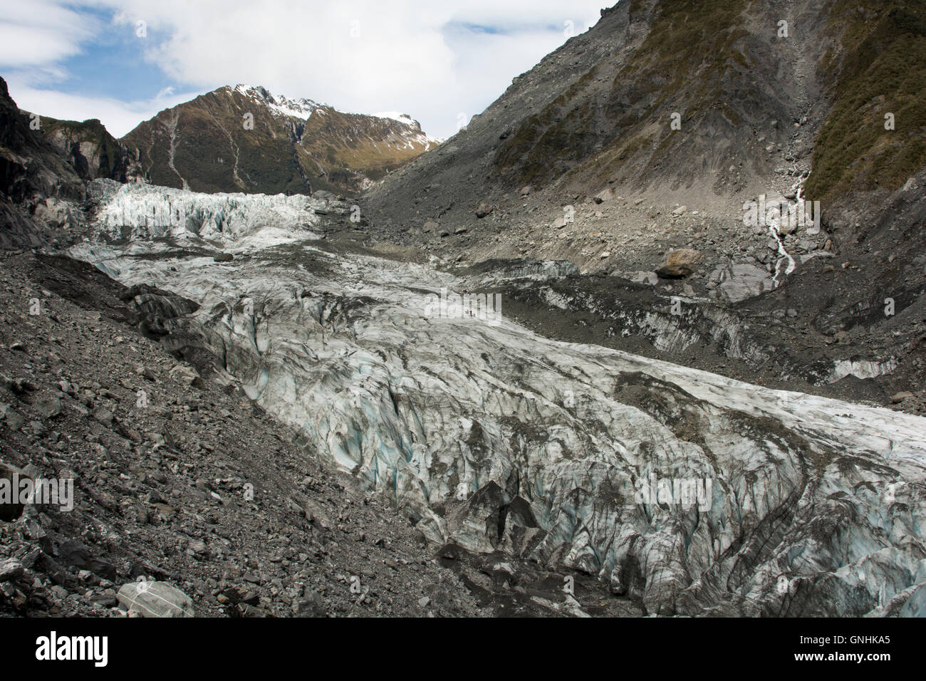 On top of Fox glacier in the Southern Alps of New Zealand tourist are guided in spectacular tours. Stock Photo