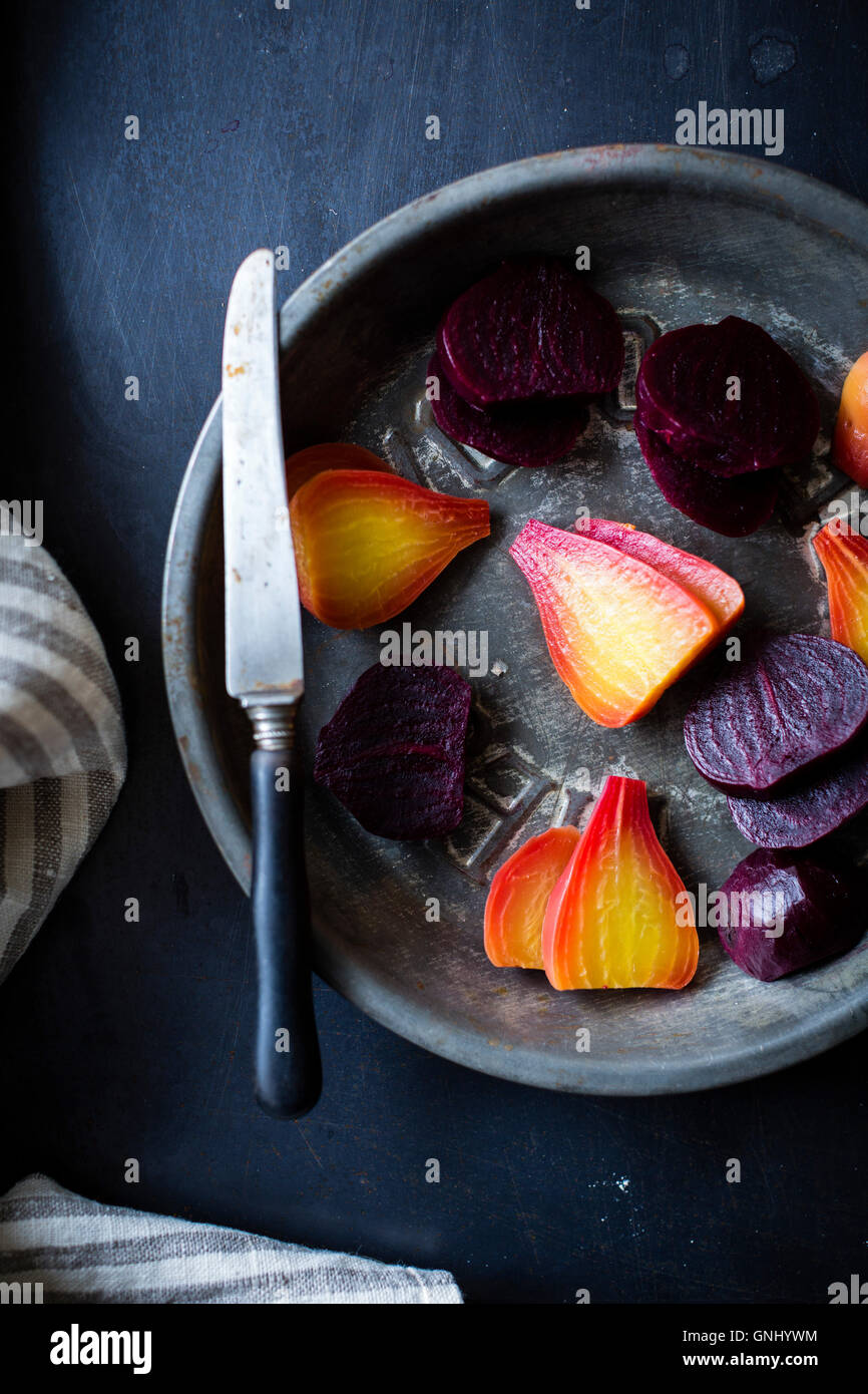 Sliced beetroot in a pan Stock Photo