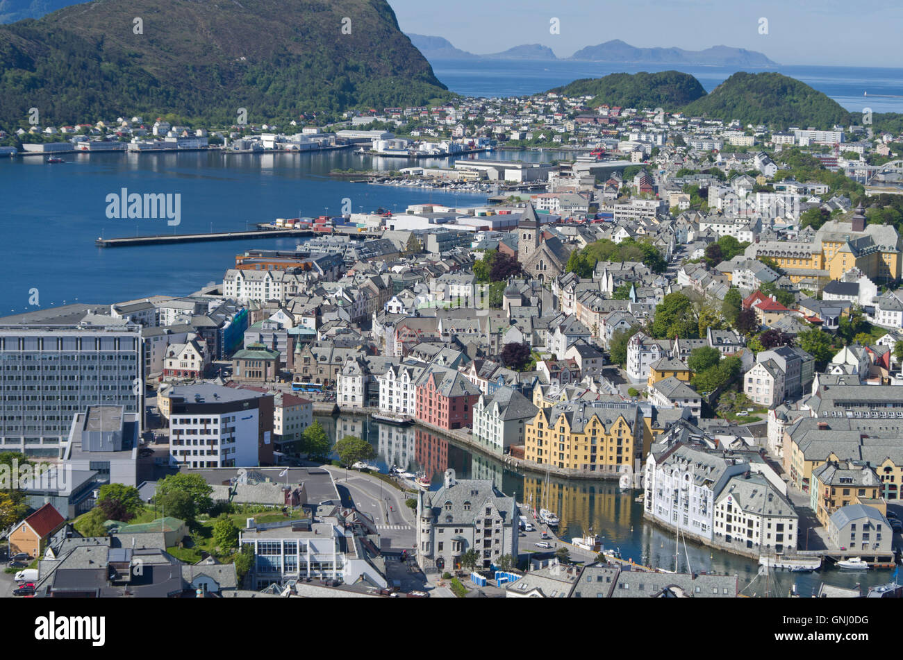 From a viewpoint high above the town, an aerial view of Alesund, Norway Stock Photo
