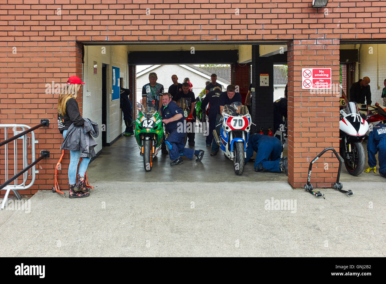 Pre race inspections at the Festival of Motorcycling, Isle of Man 2016 Stock Photo