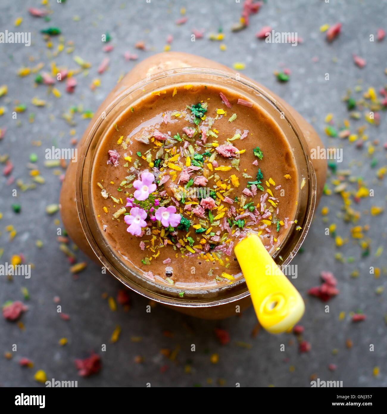 Chocolate Smoothie drink with Flower decoration Stock Photo