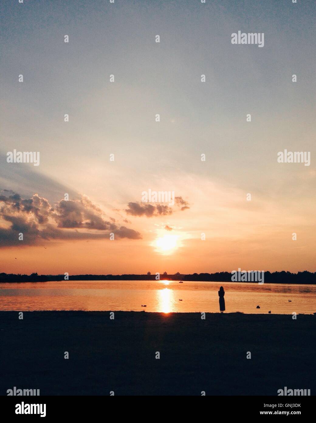 Silhouette of a woman standing by beach at sunset Stock Photo - Alamy