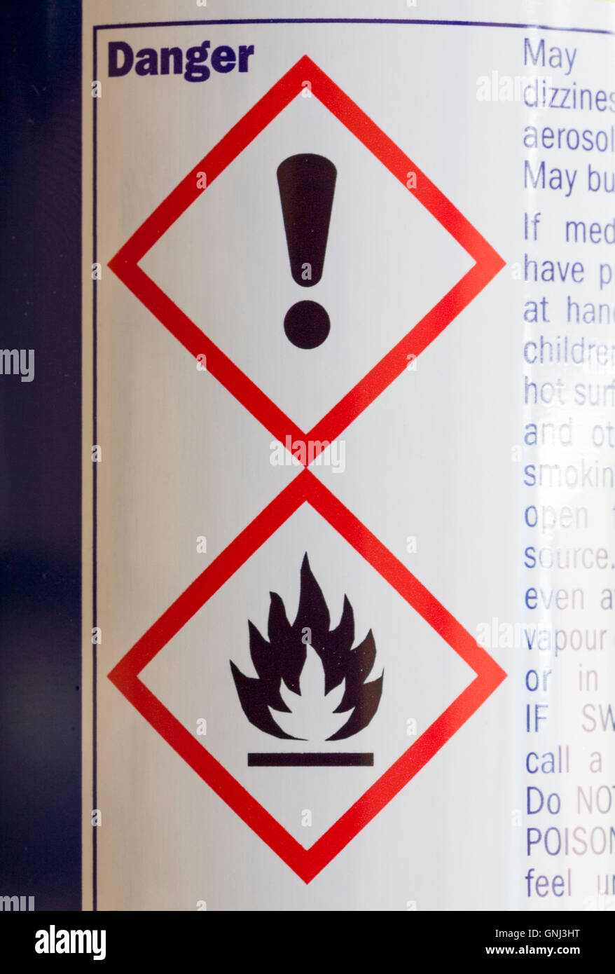Danger symbols on back of WD40 can Stock Photo