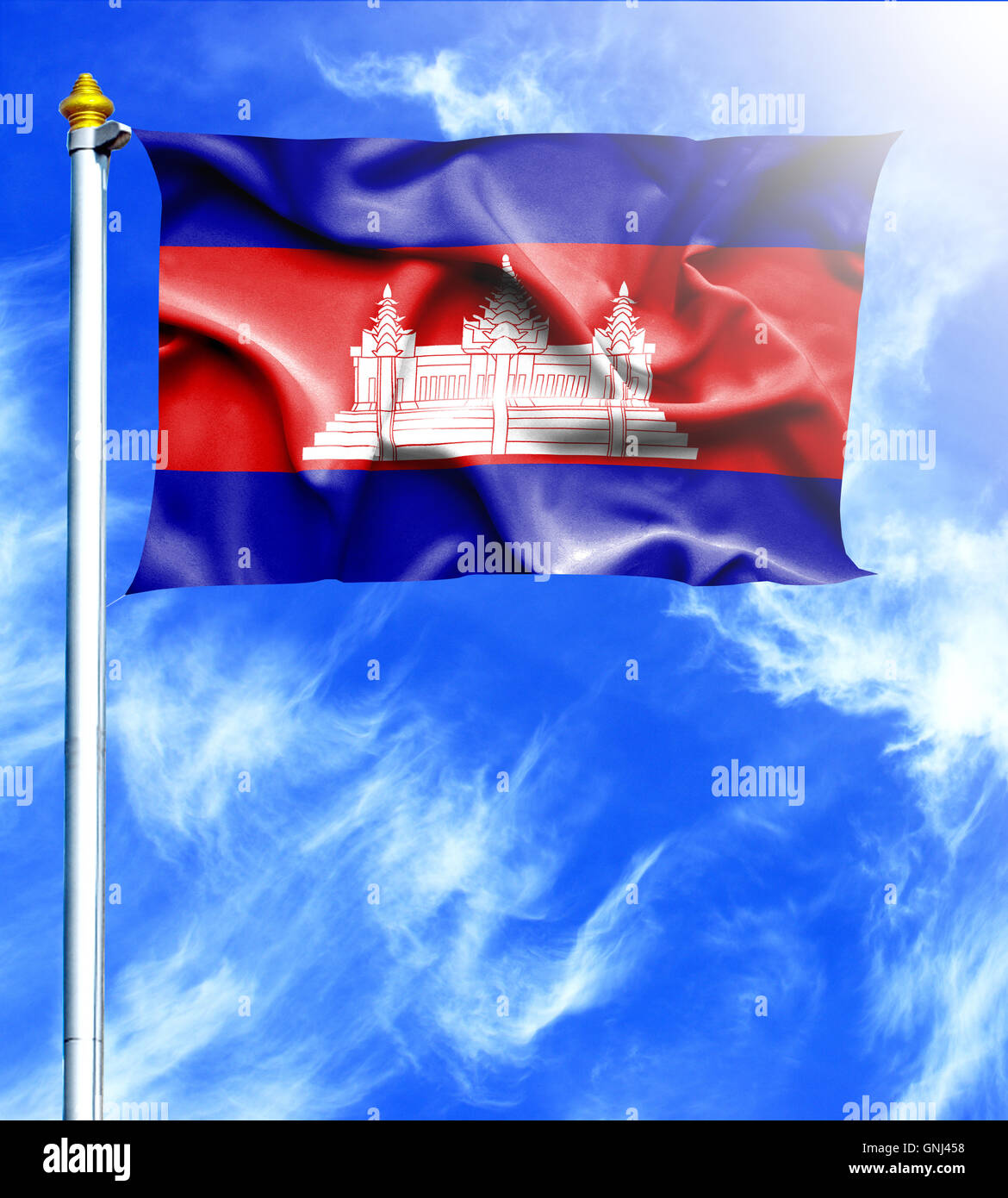 Blue sky and mast with hanged waving flag of Cambodia Stock Photo - Alamy