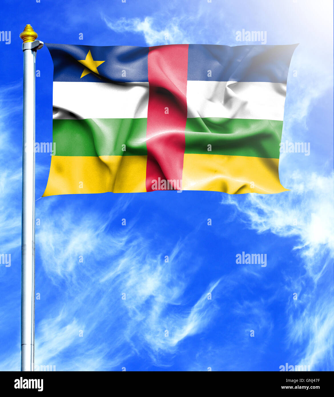Blue sky and mast with hanged waving flag of Central African Republic ...