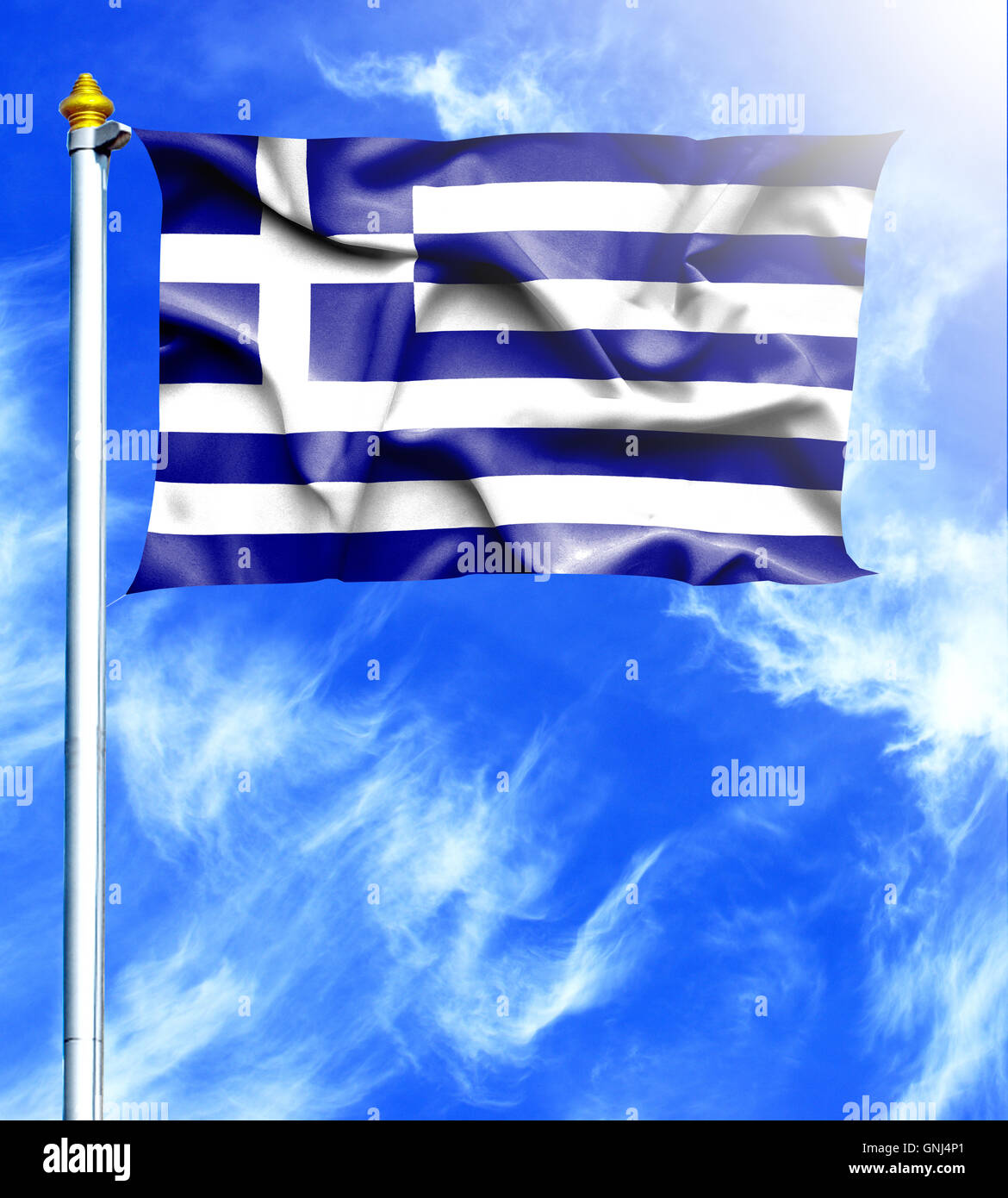 Blue sky and mast with hanged waving flag of Greece Stock Photo - Alamy