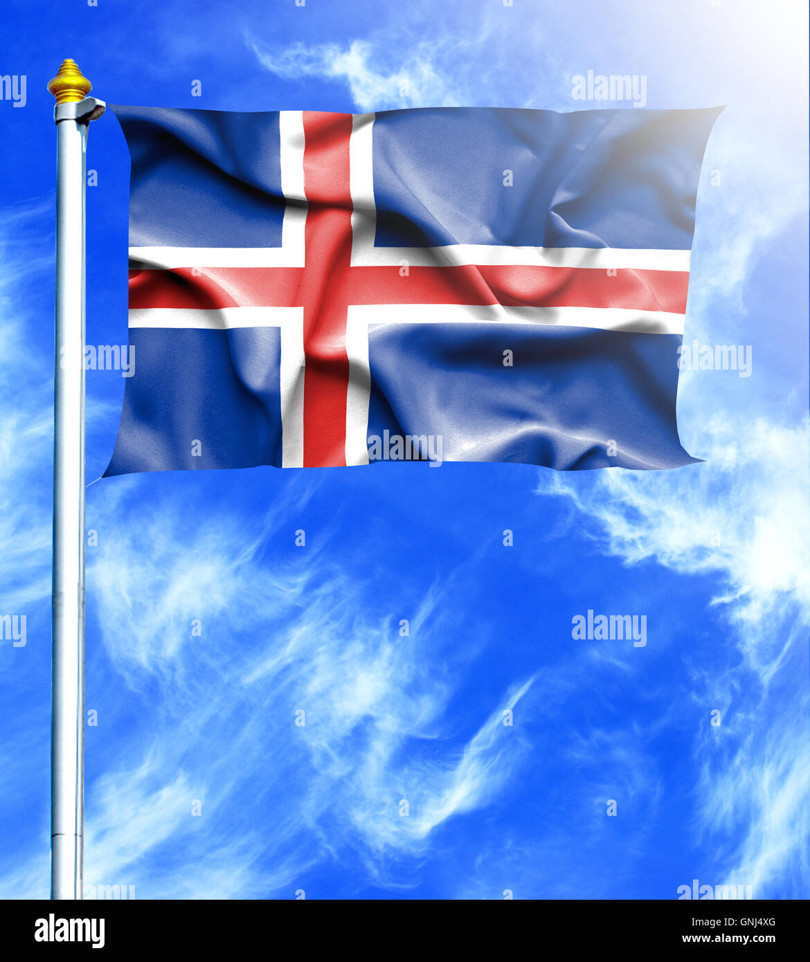 Blue sky and mast with hanged waving flag of Iceland Stock Photo - Alamy
