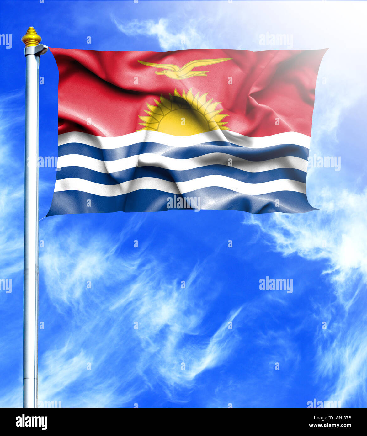 Blue sky and mast with hanged waving flag of Kiribati Stock Photo - Alamy