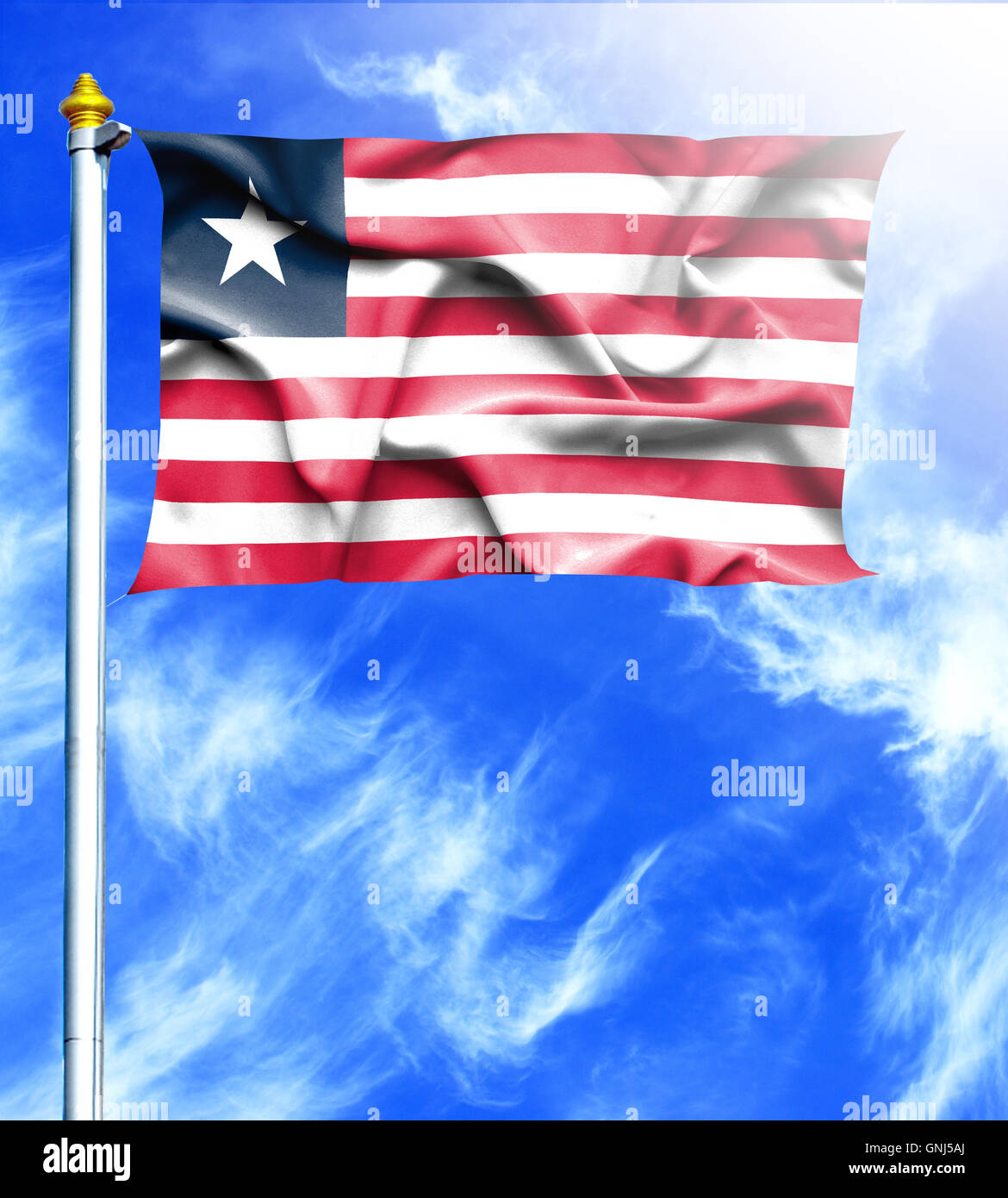 Blue sky and mast with hanged waving flag of Liberia Stock Photo - Alamy