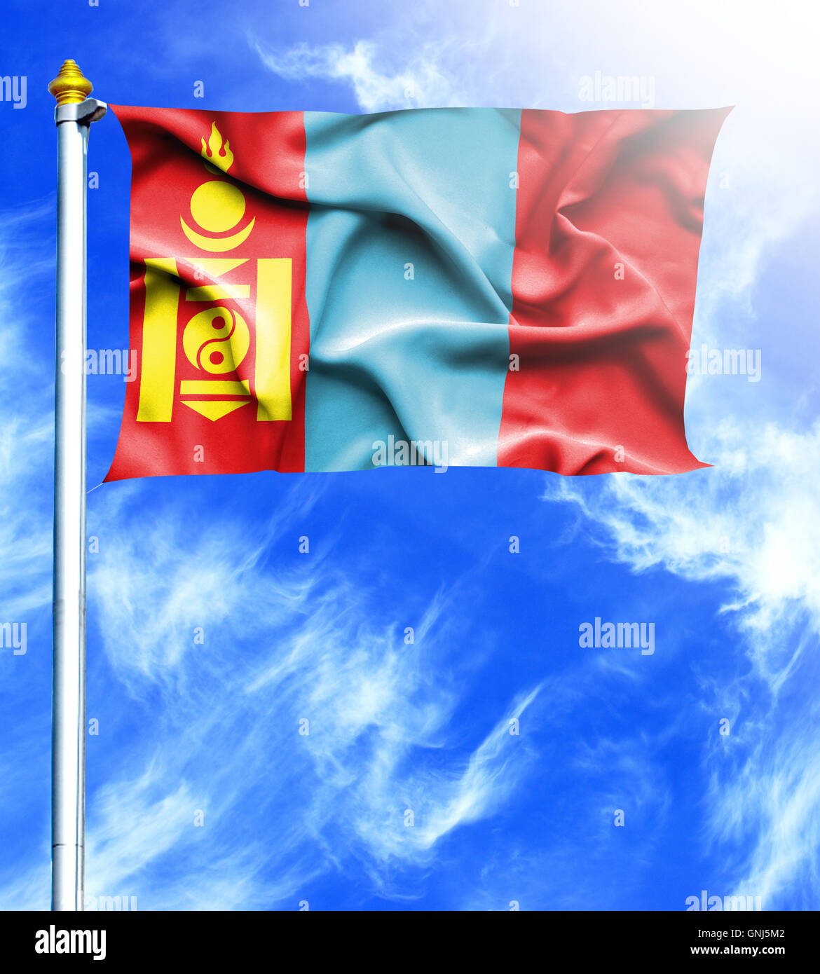 Blue sky and mast with hanged waving flag of Mongolia Stock Photo - Alamy