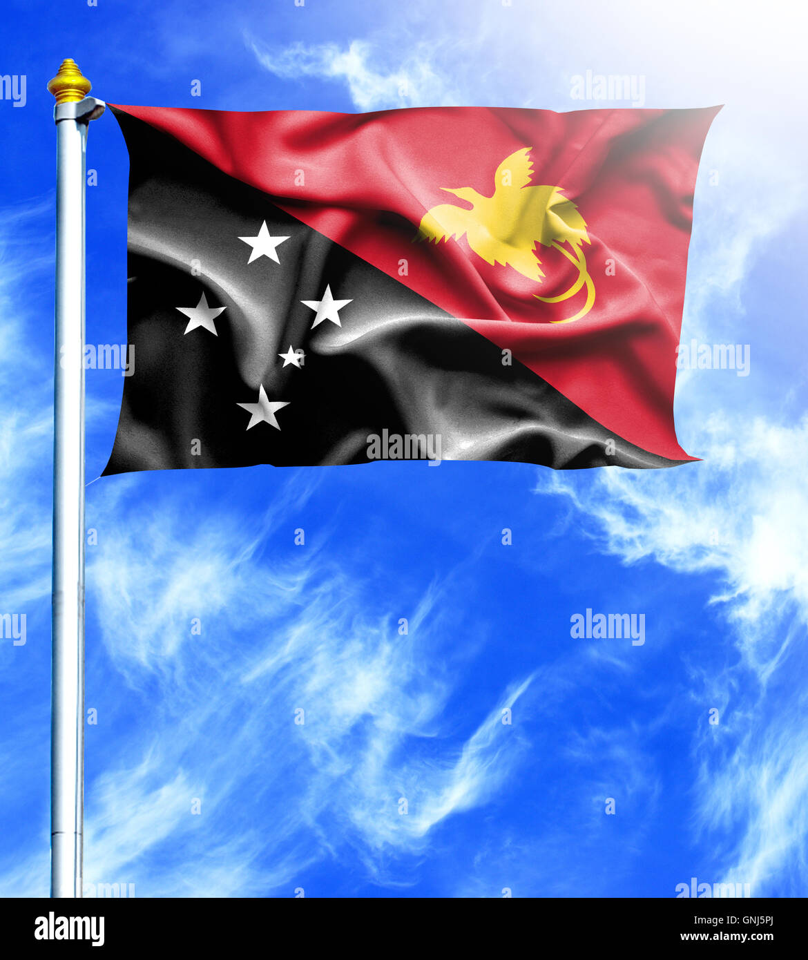 Blue sky and mast with hanged waving flag of Papua New Guinea Stock ...