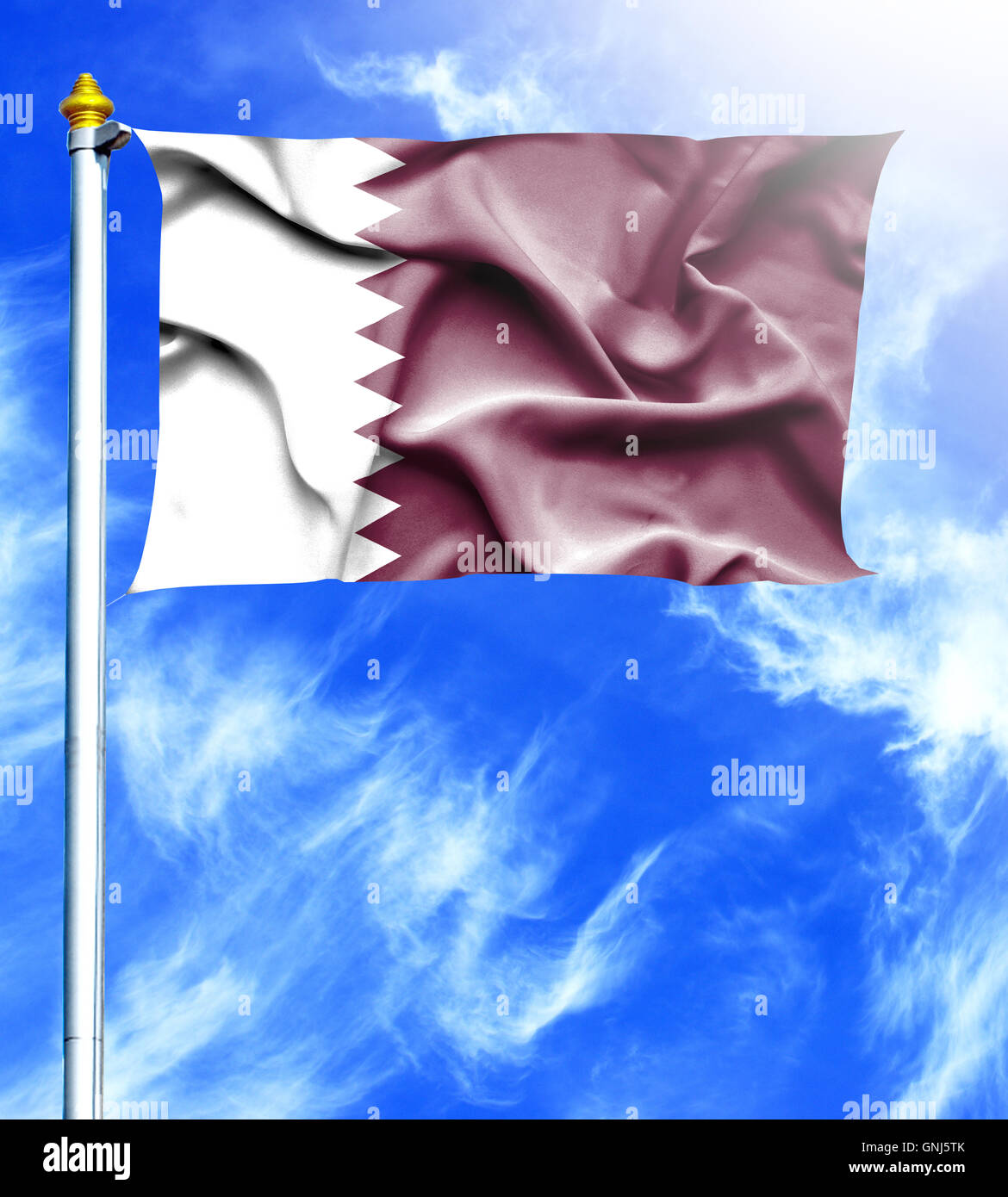Blue sky and mast with hanged waving flag of Qatar Stock Photo - Alamy
