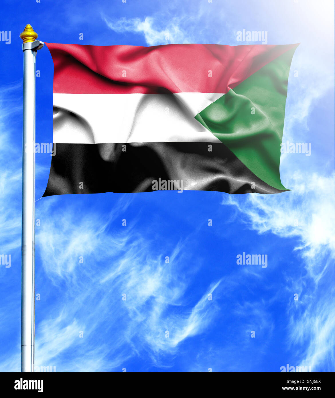 Blue sky and mast with hanged waving flag of Sudan Stock Photo - Alamy
